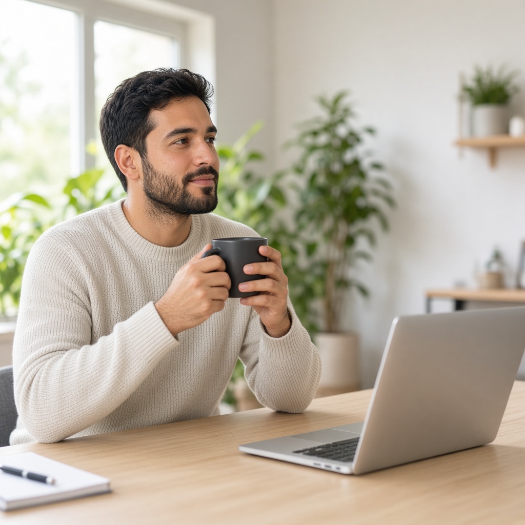 Business owner reviewing work with a coffee at their desk