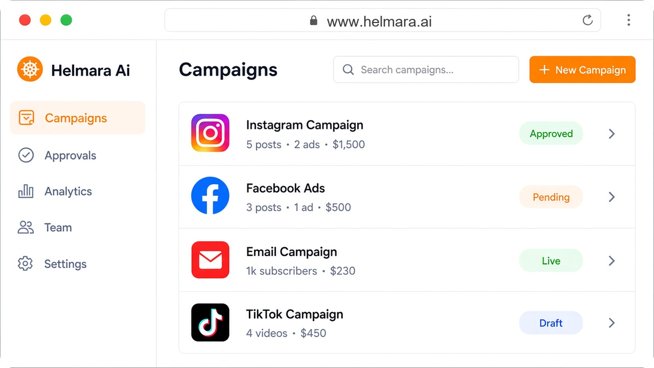 Helmara campaigns dashboard