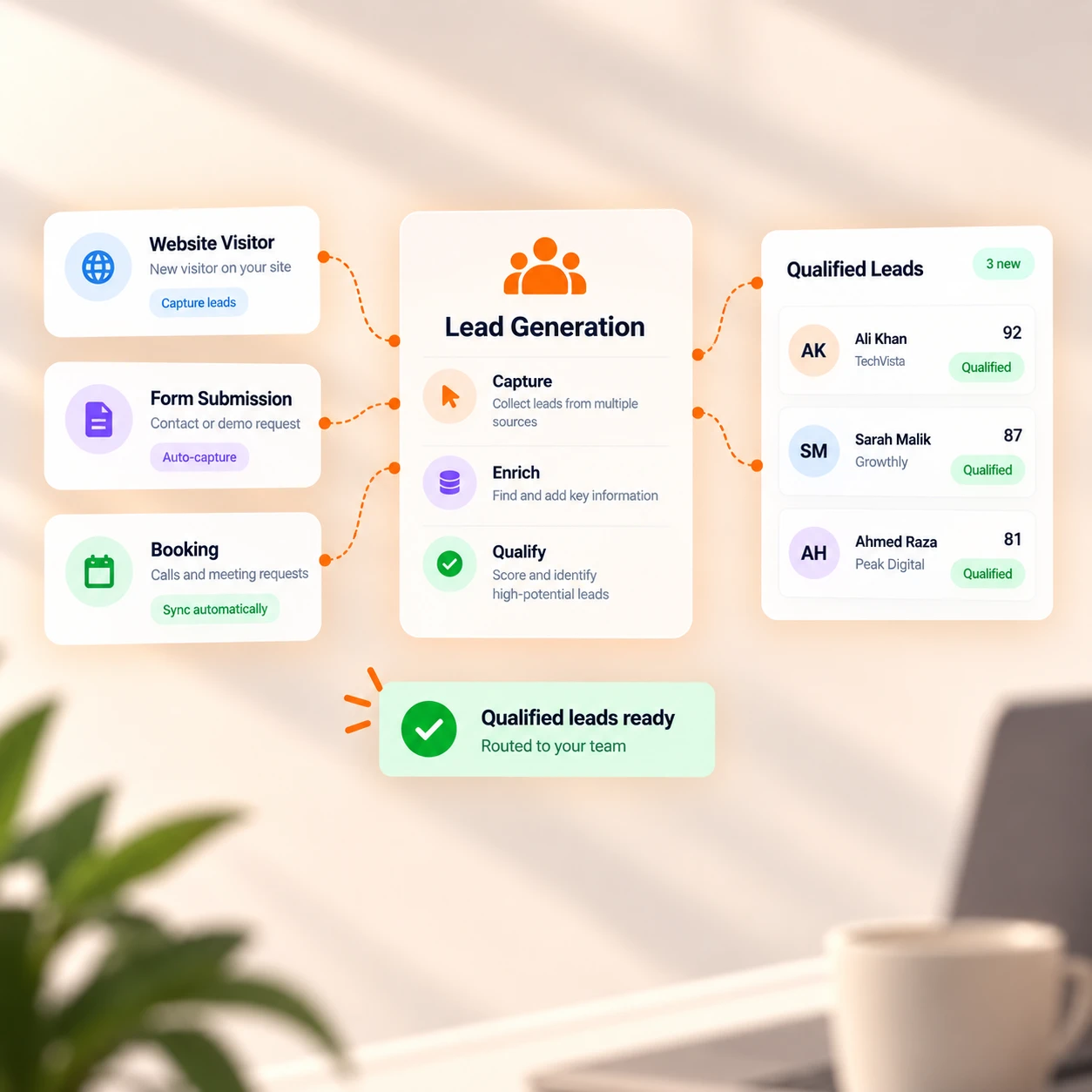 Lead enrichment hub routing to Email, Calling and Ads